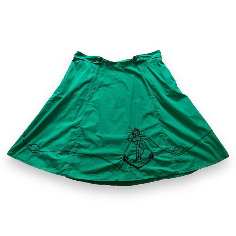 Eshakti Green Anchor Nautical Embroidered A-Line Midi Skirt Size 4X Retro